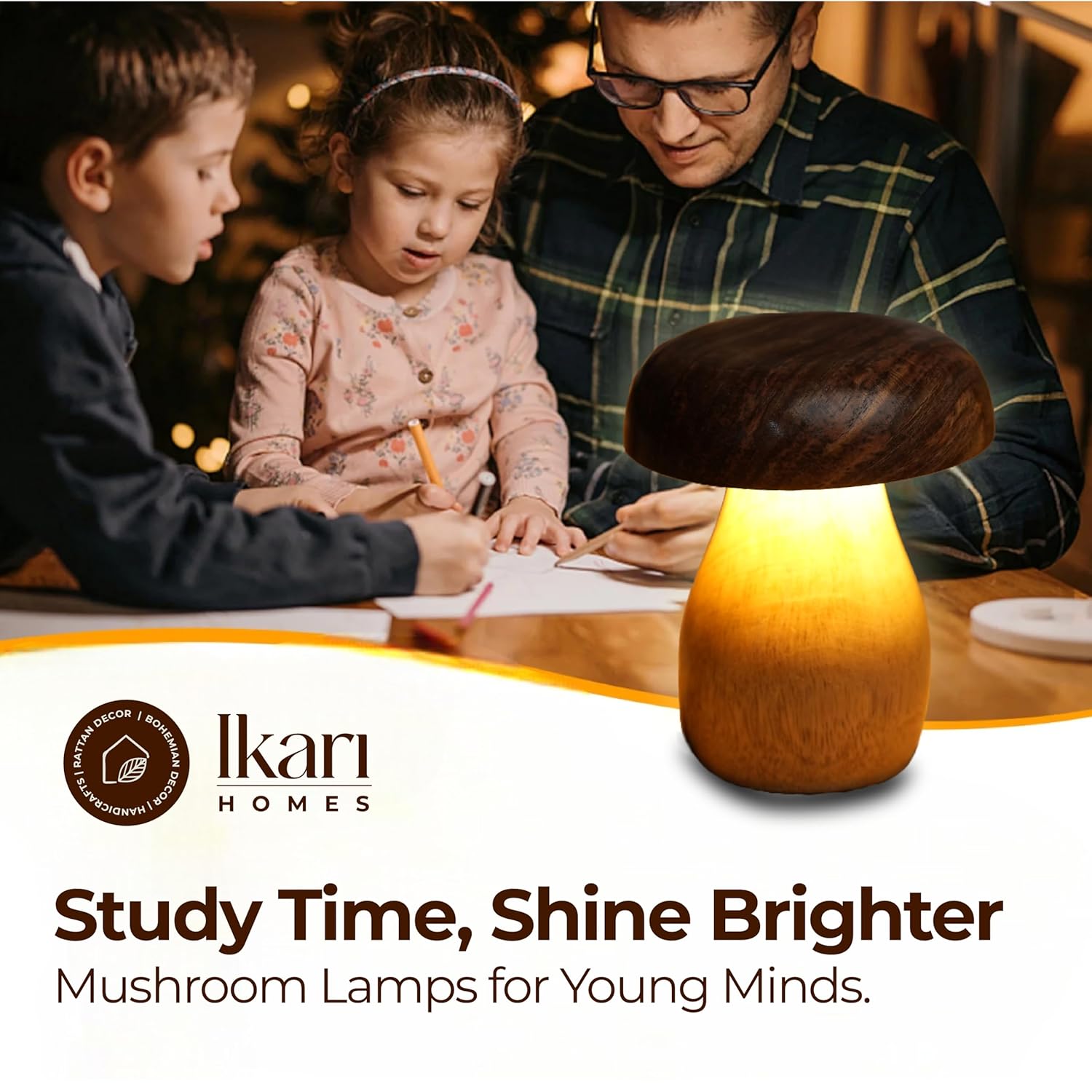 Ikari Homes Handcrafted Wooden LED Mushroom Lamp - Image 3