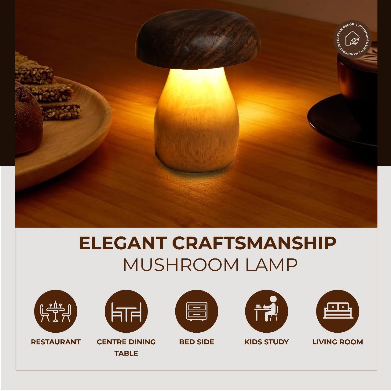 Ikari Homes Handcrafted Wooden LED Mushroom Lamp - Image 4