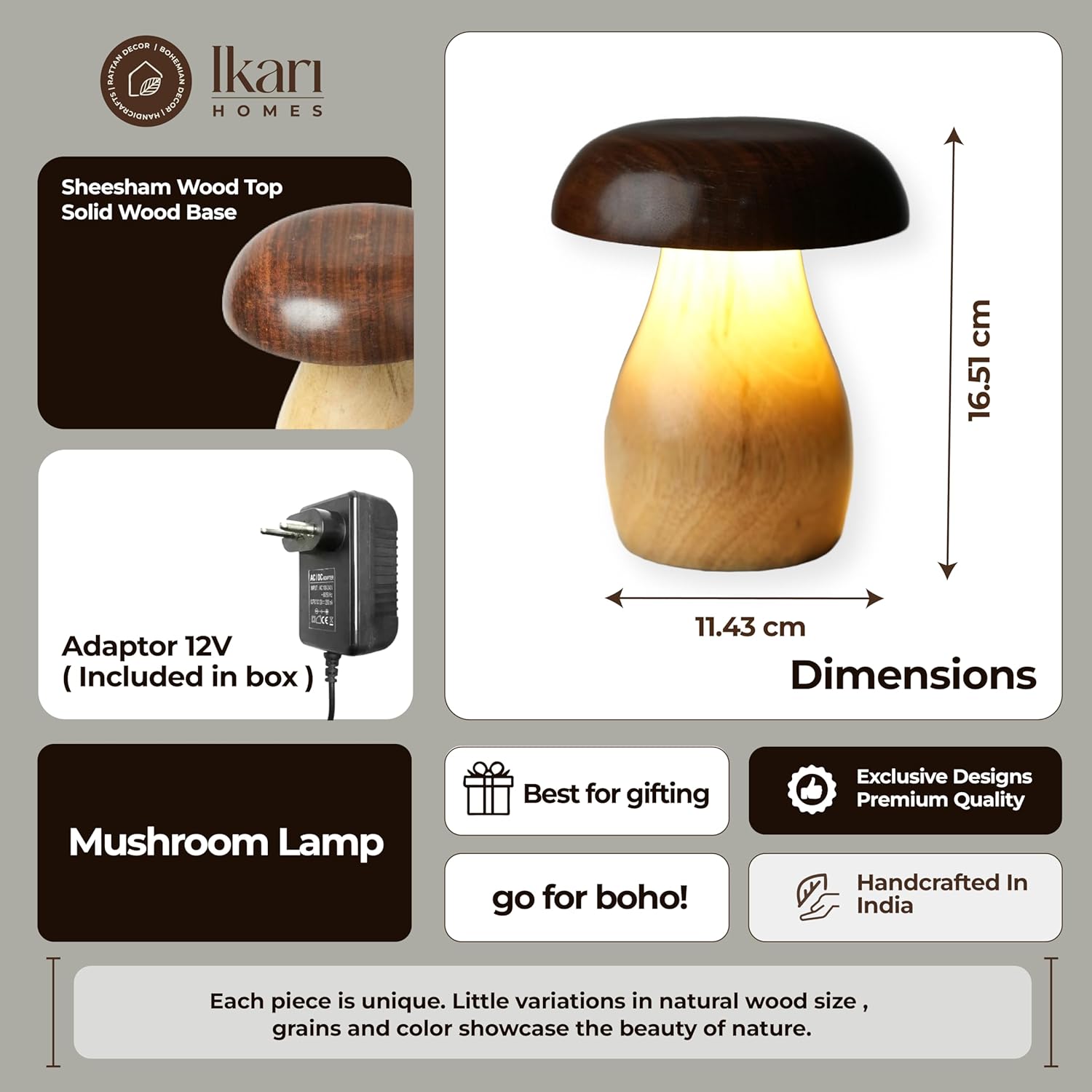 Ikari Homes Handcrafted Wooden LED Mushroom Lamp - Image 5